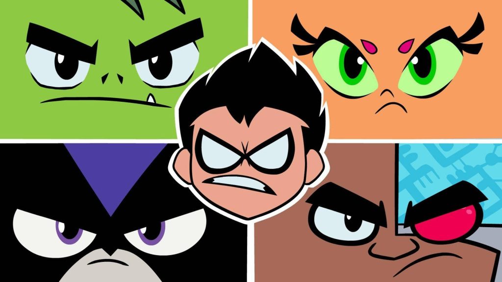 Teen Titans Go vibrant wallpaper with Robin center and close-ups of Beast Boy Starfire Raven Cyborg