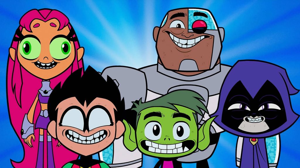 Teen Titans Go exaggerated faces wallpaper with Robin Starfire Beast Boy Cyborg and Raven fun cartoon