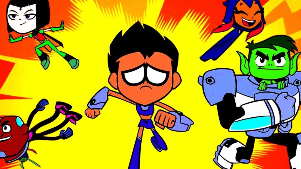 Teen Titans Go wallpaper with Robin center Raven Starfire Cyborg Beast Boy yellow background cartoon