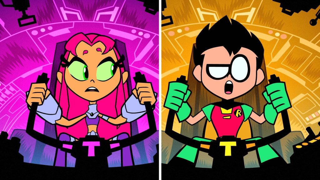 Teen Titans Go Starfire and Robin piloting T-ship vibrant magenta and orange action wallpaper