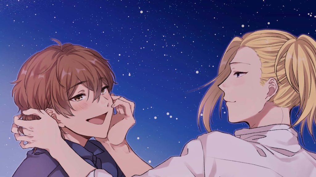Anime wallpaper two young men romantic moment under starry night sky with gentle cheek caress