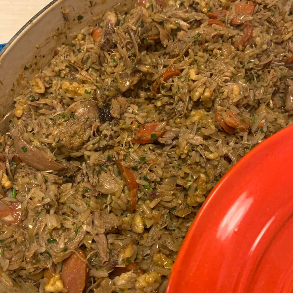 Rustic Closeup: Tender Shredded Duck with Seasoned Rice & Herbs Wallpaper
