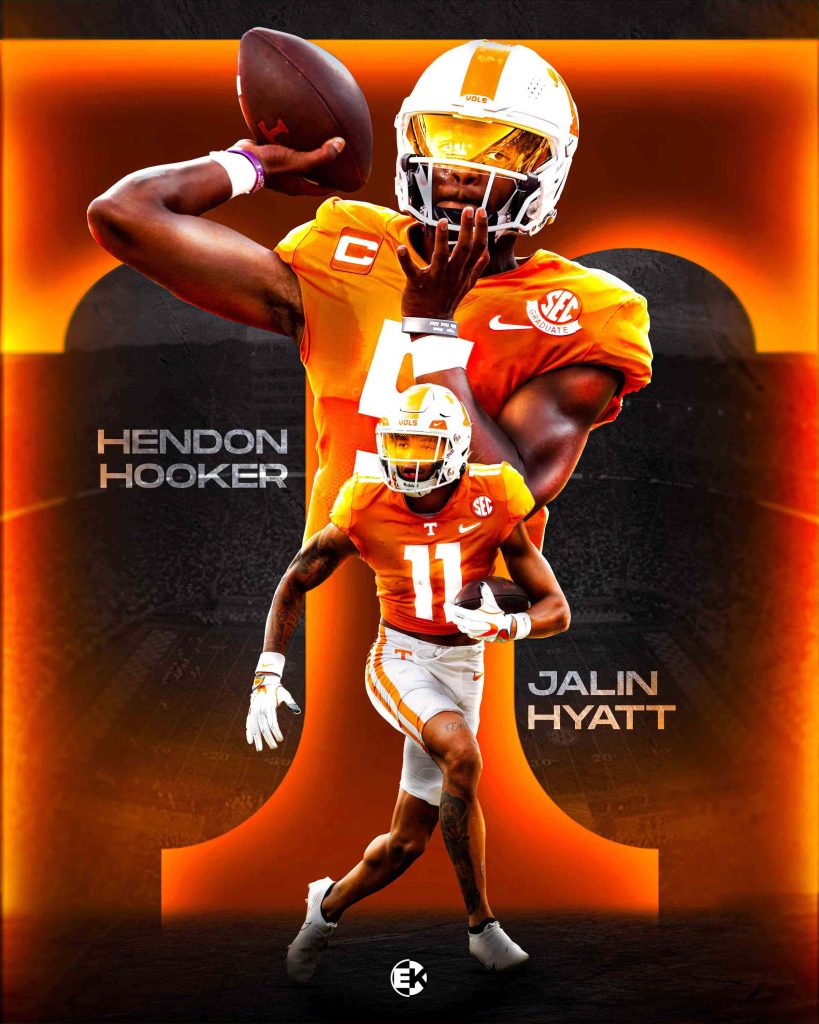 Tennessee football wallpaper Hendon Hooker passing Jalin Hyatt catching orange Volunteers stadium background