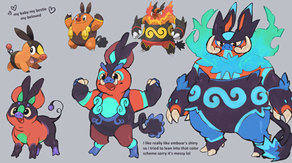 Tepig Pignite Emboar with shiny forms fiery vibrant wallpaper hand-drawn Pokémon evolution design