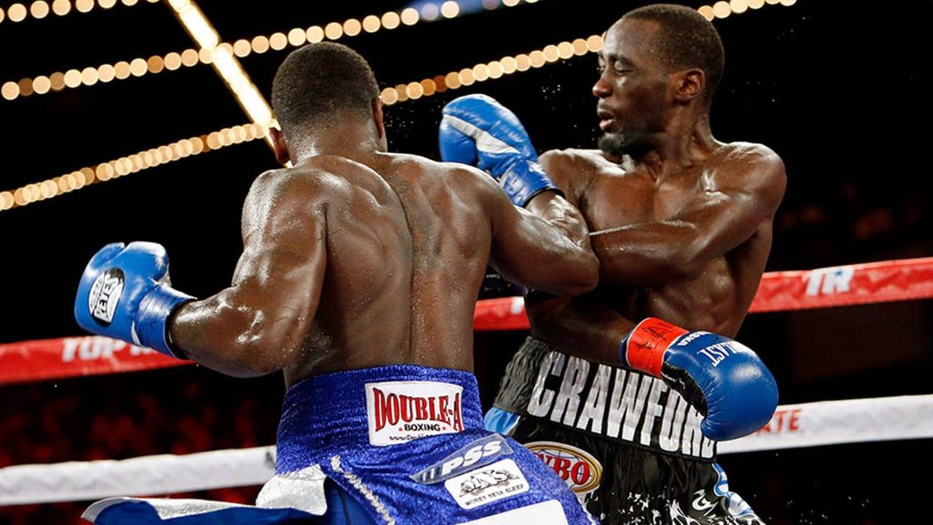 Terence Crawford boxing Hank Lundy intense action sports photo high contrast wallpaper background