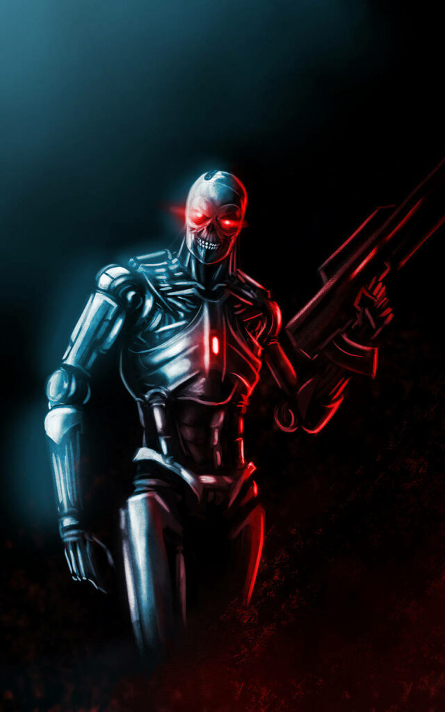 Terminator with glowing red eyes and futuristic weapon in 4k dark dramatic wallpaper background