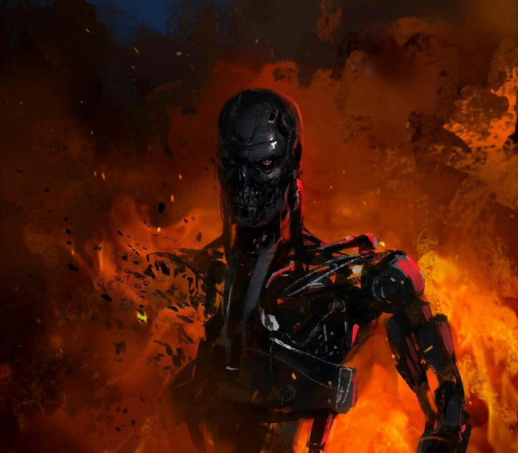 Terminator 4K wallpaper showing a powerful metallic robot in fiery flames and thick smoke