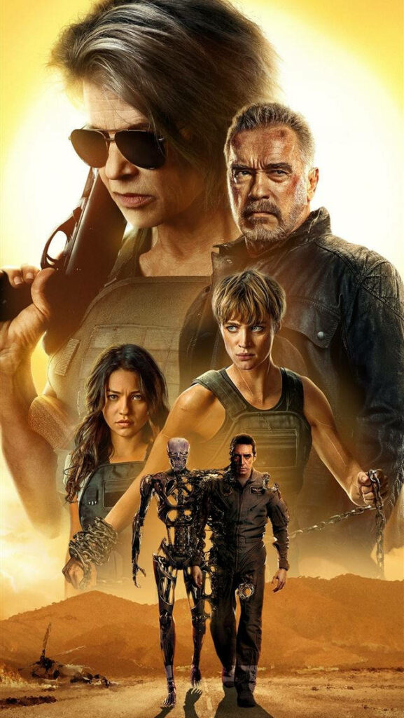 Terminator wallpaper featuring iconic characters in battle with intense expressions and futuristic grit