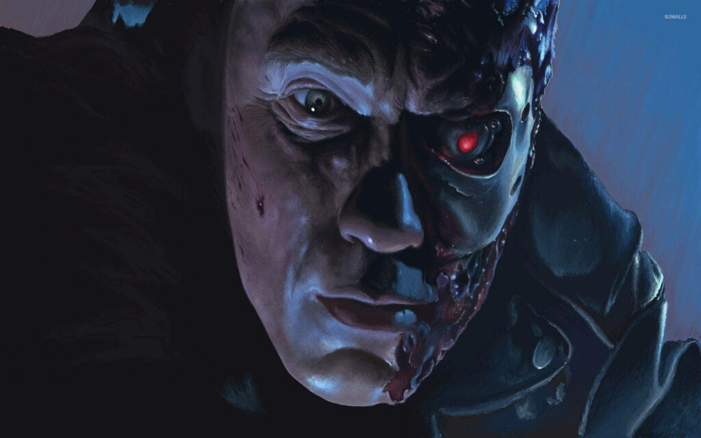 Close-up of Terminator Arnold Schwarzenegger damaged face with red robotic eye metallic details Wallpaper