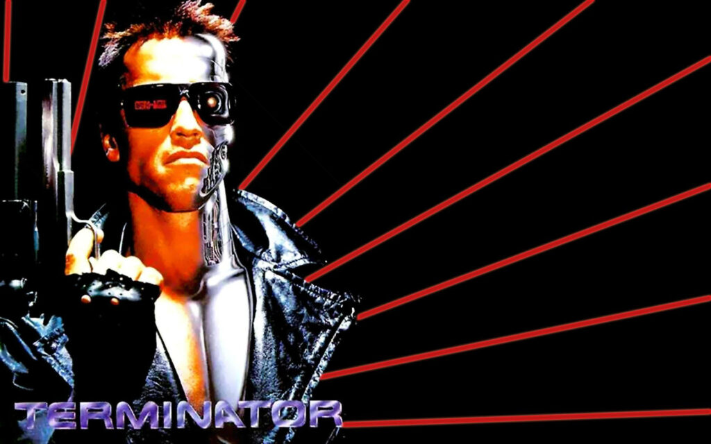 Terminator with gun leather jacket sunglasses cybernetic face red futuristic lines wallpaper background