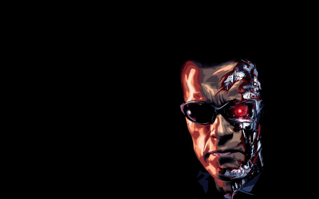 Terminator digital art wallpaper with glowing red eye and exposed metallic endoskeleton on dark background