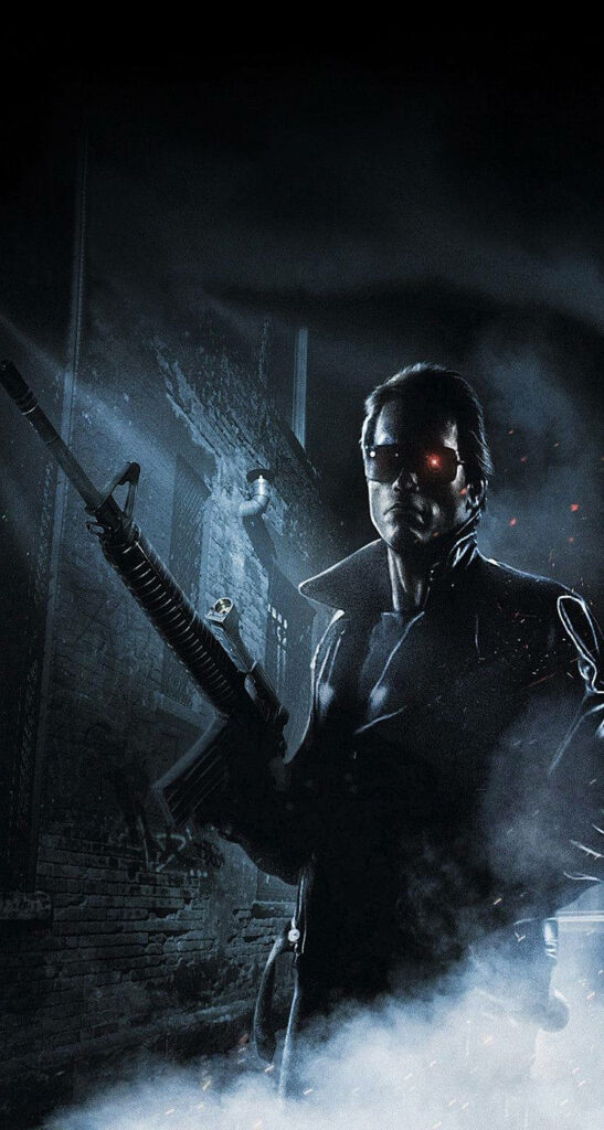 Terminator digital portrait with sunglasses glowing red eye leather jacket dark smoky cityscape Wallpaper