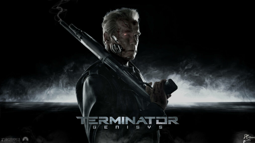 Terminator Genisys movie poster showing battle damaged cyborg holding shotgun in dark misty background Wallpaper