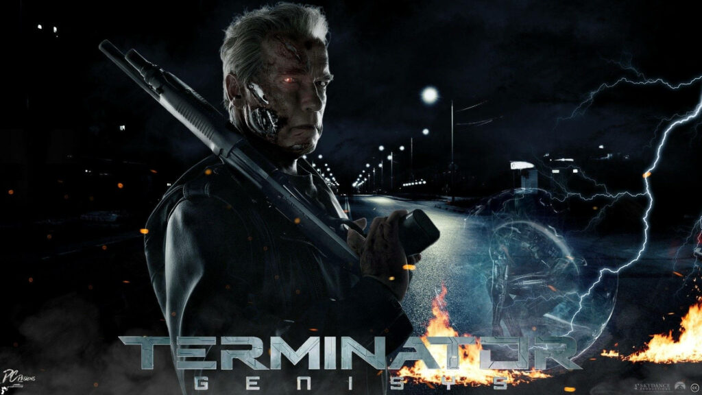 Battle-damaged Terminator with shotgun against dark electrifying fire and lightning wallpaper