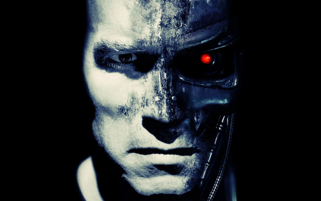 Half-face Terminator robot wallpaper with glowing red eye blending human and machine elements