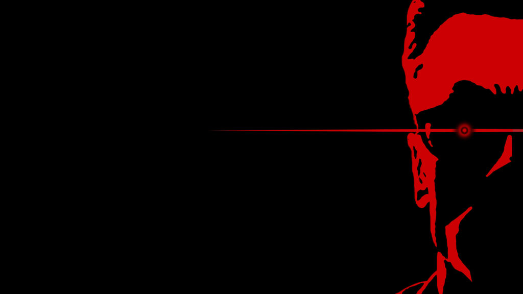 Bold red Terminator silhouette with glowing eye on black background sci fi digital wallpaper