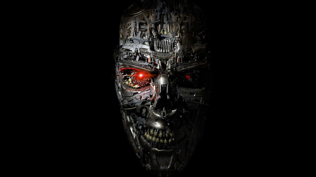 Close-up of Terminator robot skull with glowing red eye and detailed metal parts on dark background Wallpaper