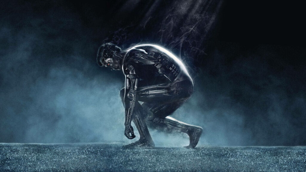 Silver Terminator robot kneeling in smoky futuristic scene with dramatic light beams wallpaper