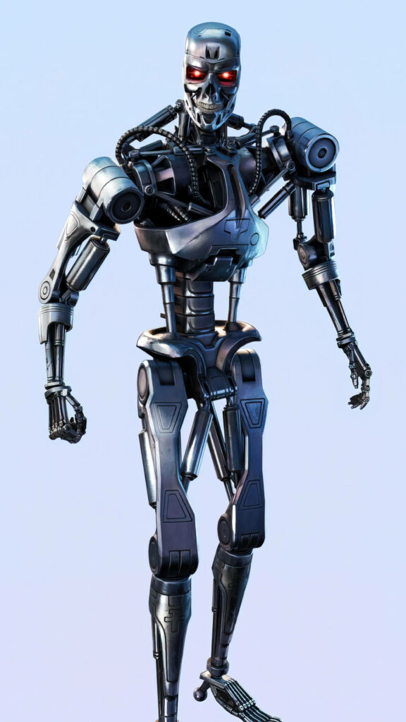 Terminator T-800 4K wallpaper with menacing metallic structure and glowing red eyes on light background