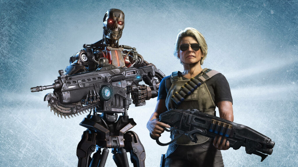 Terminator and Sarah Connor holding futuristic weapons in 4K blue textured wallpaper background