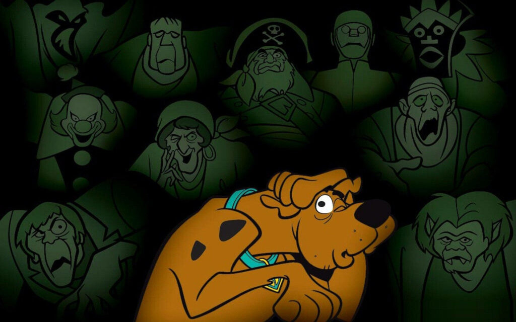 Frightened Scooby Doo Hiding Behind Paw, Nervously Staring at Ghostly Figures from Iconic Scooby-Doo Cartoon! Wallpaper