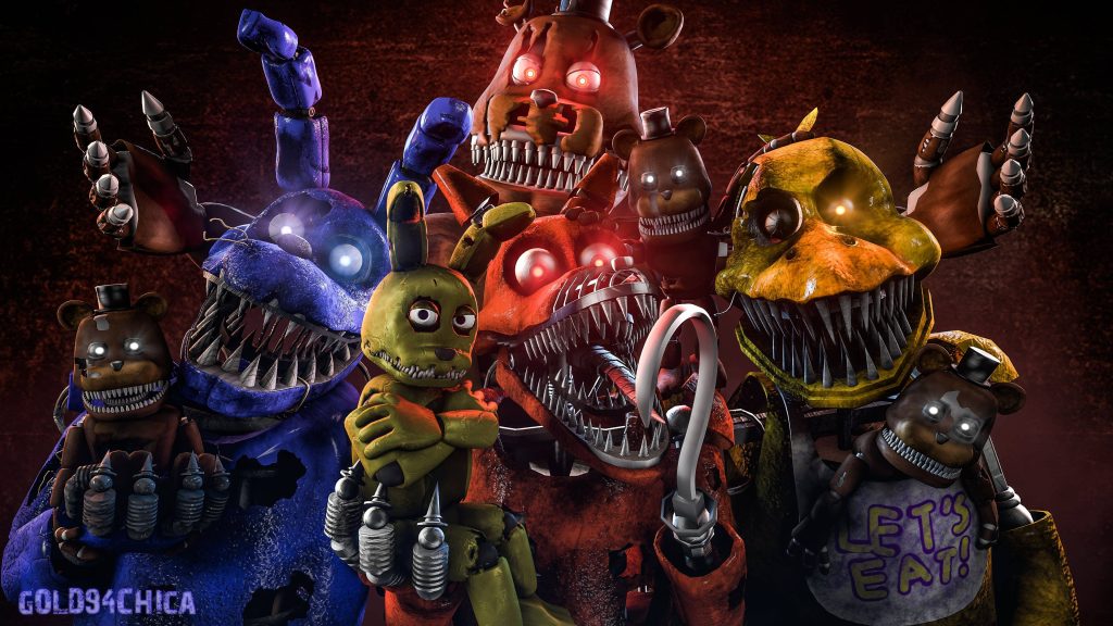 Terrifying 3D Five Nights at Freddy's 4 nightmare animatronics wallpaper with glowing eyes