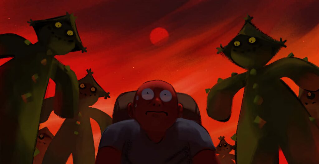 Terrified man surrounded by glowing-eyed Cacturne under blood-red sky dark surreal wallpaper