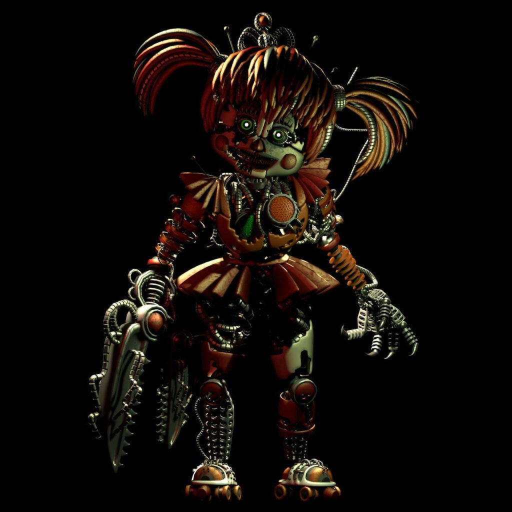 Haunting Circus Baby animatronic skeleton with glowing eyes and eerie pigtails wallpaper background