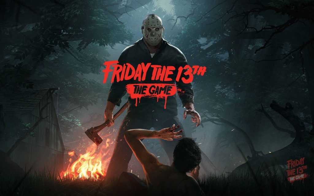 Jason Voorhees looming over victim by campfire in dark forest Friday the 13th game wallpaper