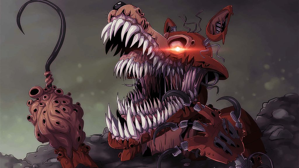 Nightmare Foxy from Five Nights at Freddy's with glowing red eye and sharp teeth wallpaper