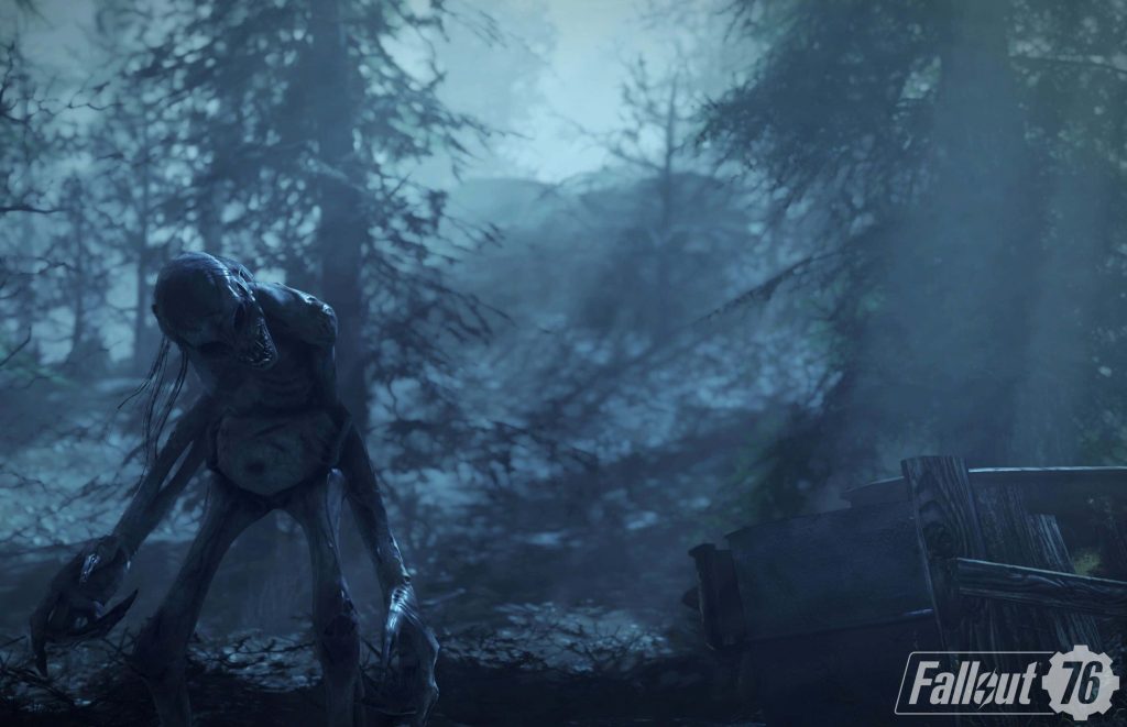 Terrifying pale Wendigo stalking misty dark forest Fallout 76 wallpaper digital art background