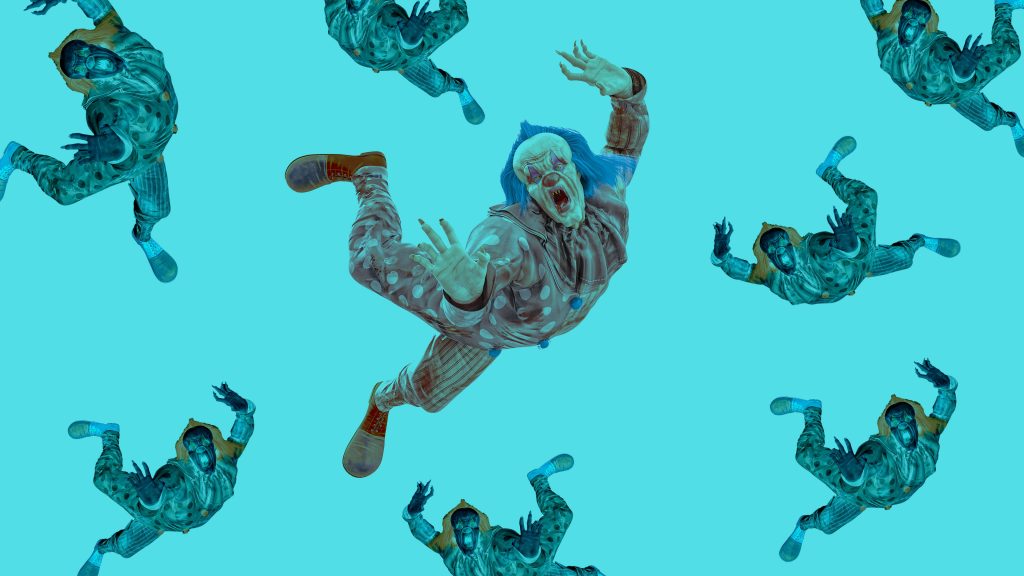 Surreal CGI wallpaper of falling Pennywise clown pattern on bold cyan background horror art