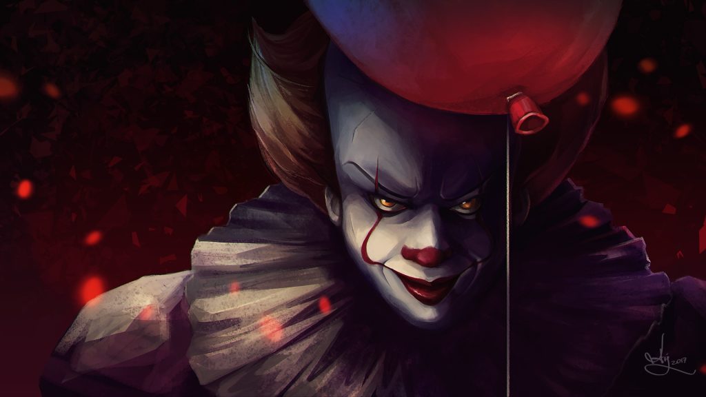 Terrifying Pennywise clown digital illustration with glowing eyes and red balloon on dark red background Wallpaper