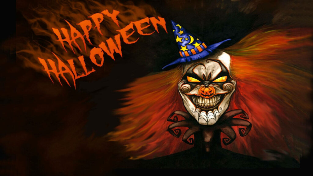 Menacing Halloween Clown with Fiery Orange Hair Against Eerie Blue Background Wallpaper