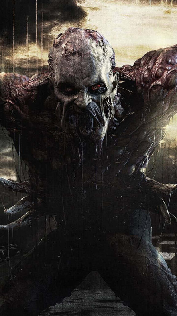 Terrifying Volatile from Dying Light with glowing red eyes and sharp claws in dark horror wallpaper