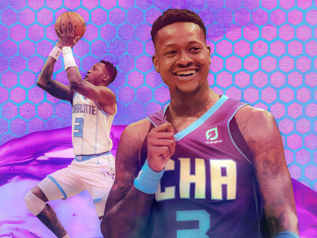 Terry Rozier Charlotte Hornets fanart wallpaper vibrant purple hexagon background bold colors