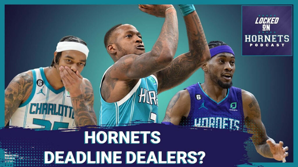Terry Rozier and Charlotte Hornets players in action on teal blue backdrop with trade deadline theme Wallpaper