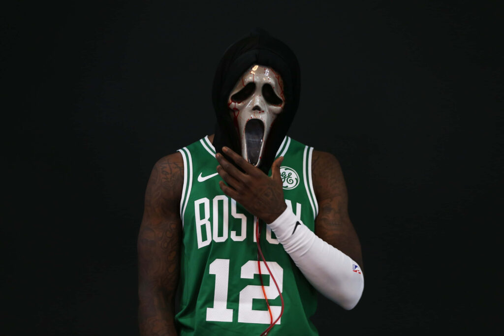 Terry Rozier Boston Celtics jersey number 12 wearing scary Scream mask Halloween wallpaper