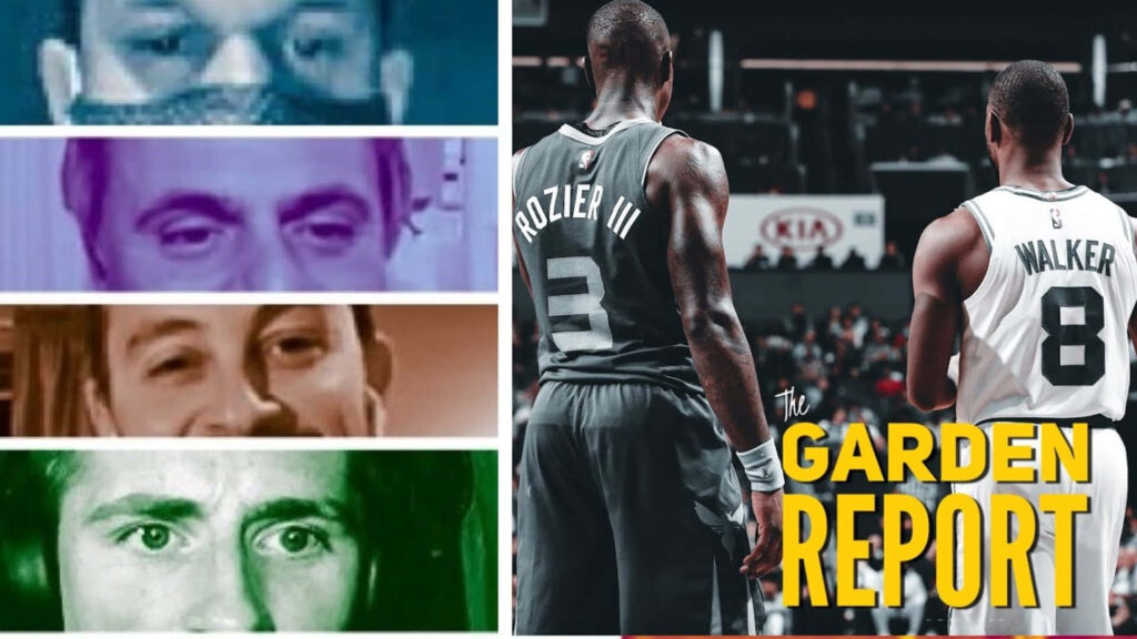 Terry Rozier and Kemba Walker basketball jersey backs with bold Garden Report logo wallpaper background