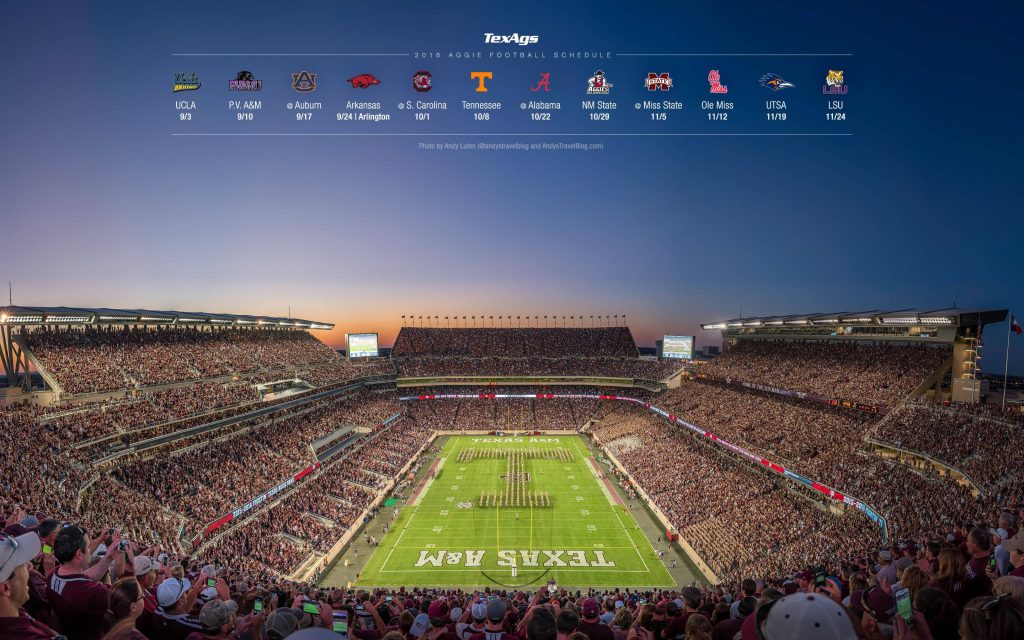 Panoramic Kyle Field Texas A&M football stadium at twilight packed with fans and 2016 schedule Wallpaper