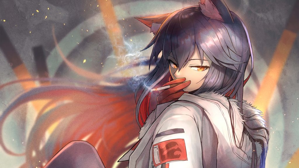 Texas from Arknights anime wallpaper smoking cigarette in white tactical jacket with moody lighting