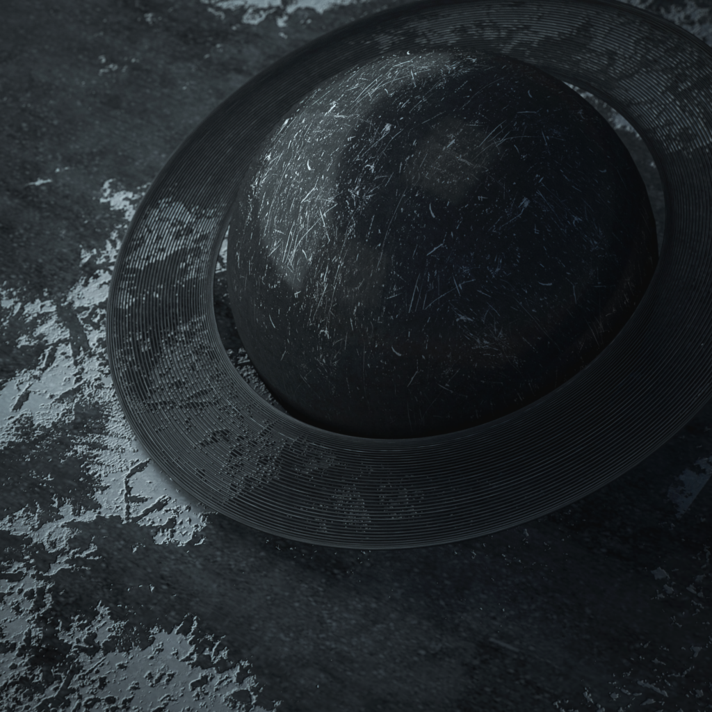 Cosmic Wallpaper: Textured Black Planet with Ring & Grungy Background