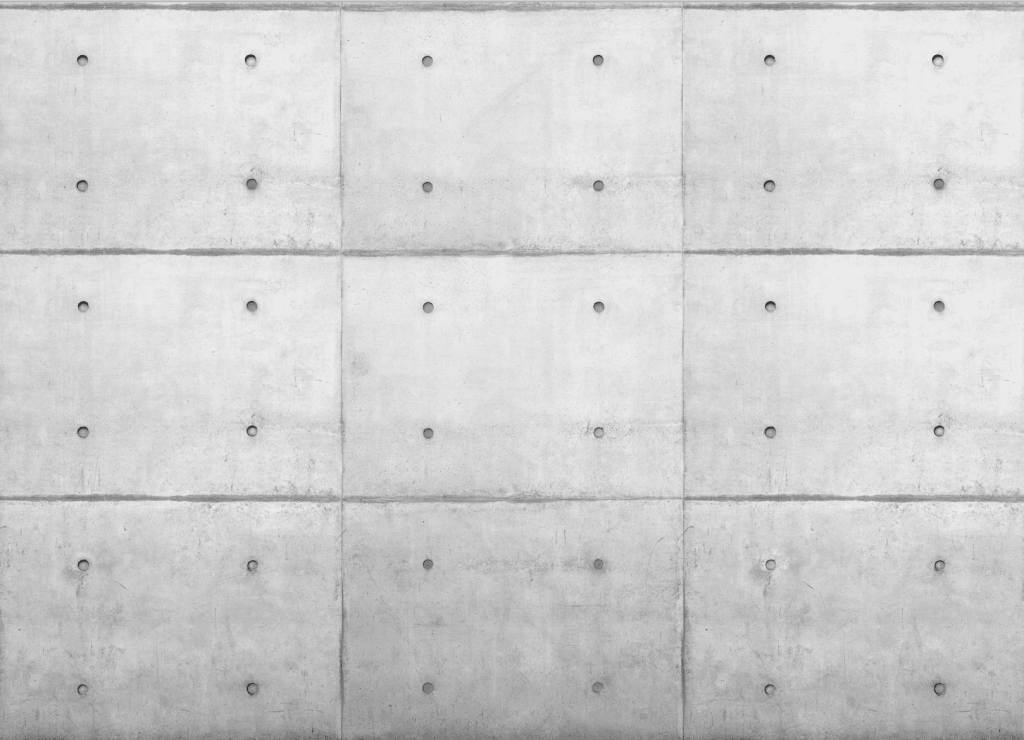 Textured light gray concrete wall panels with grid and form-tie holes industrial wallpaper background