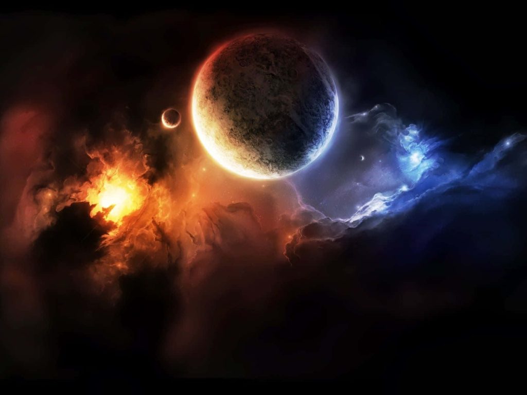 Textured planet with fiery orange nebulae and deep blue interstellar clouds cosmic wallpaper