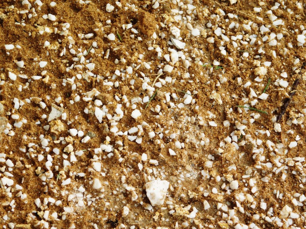 Top-down view of tan sand with scattered white pebbles natural textured minimalist wallpaper