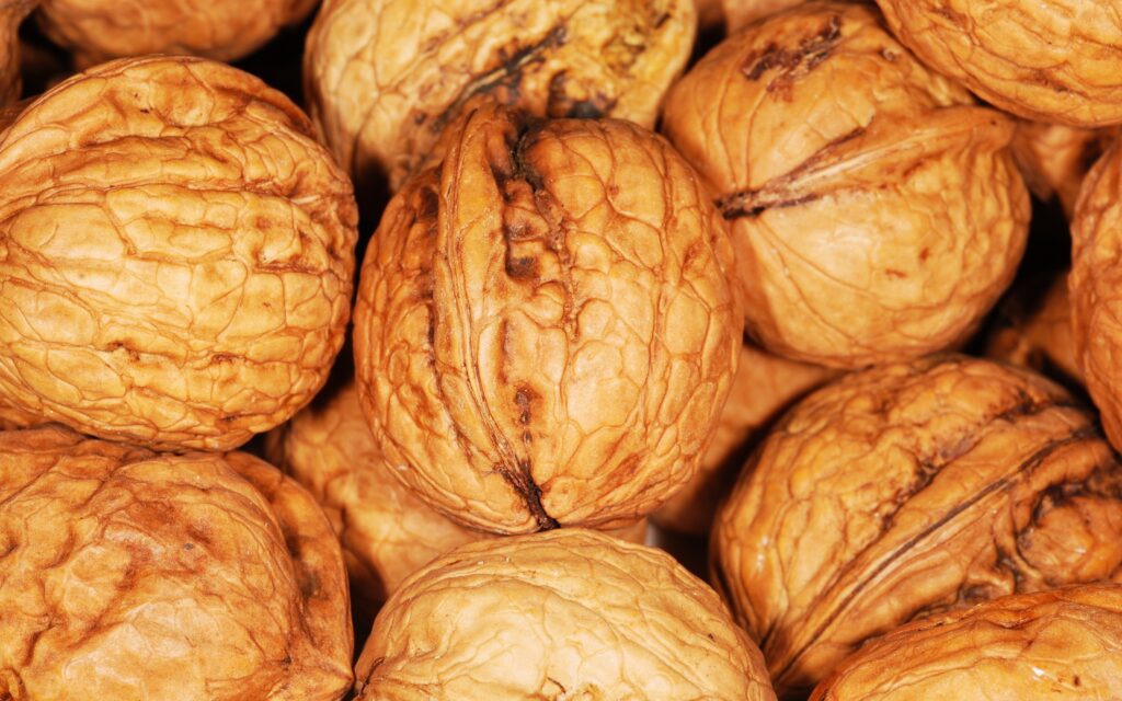 Textured Walnut Shells Close-Up Wallpaper: Natural Earthy Tones