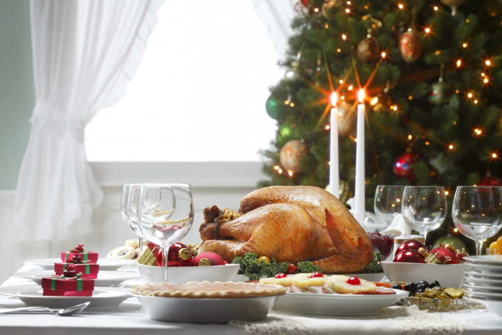 Thanksgiving Table Decor with Roasted Turkey & Christmas Tree Wallpaper