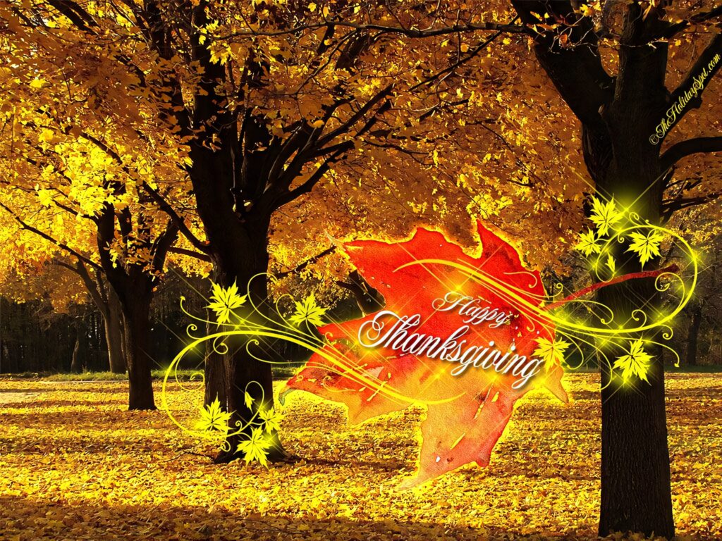 Thanksgiving wallpaper with vibrant autumn trees golden leaves and glowing red maple leaf text