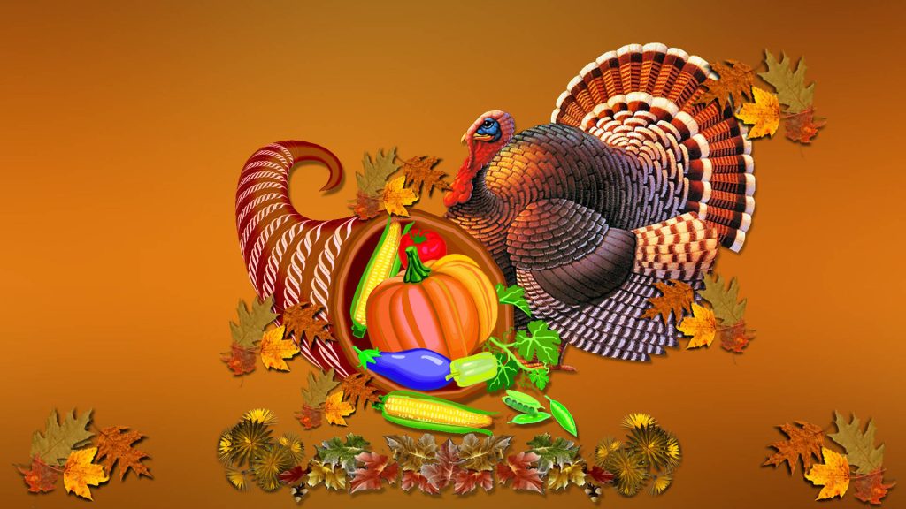 Thanksgiving wallpaper with turkey cornucopia pumpkins corn autumn leaves warm background