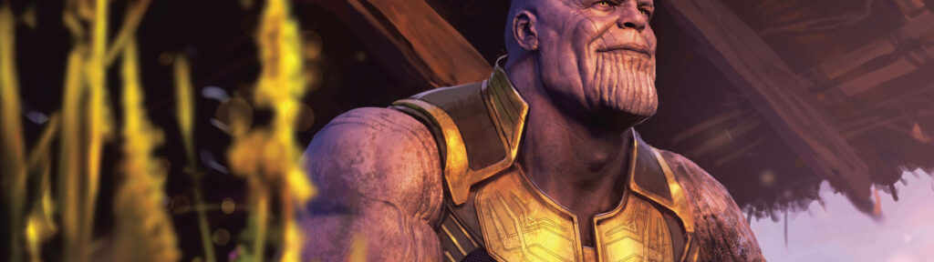 Thanos: The Defiant Despot Gazing at the Scarlet Sunset - 5120 x 1440 Marvel Wallpaper